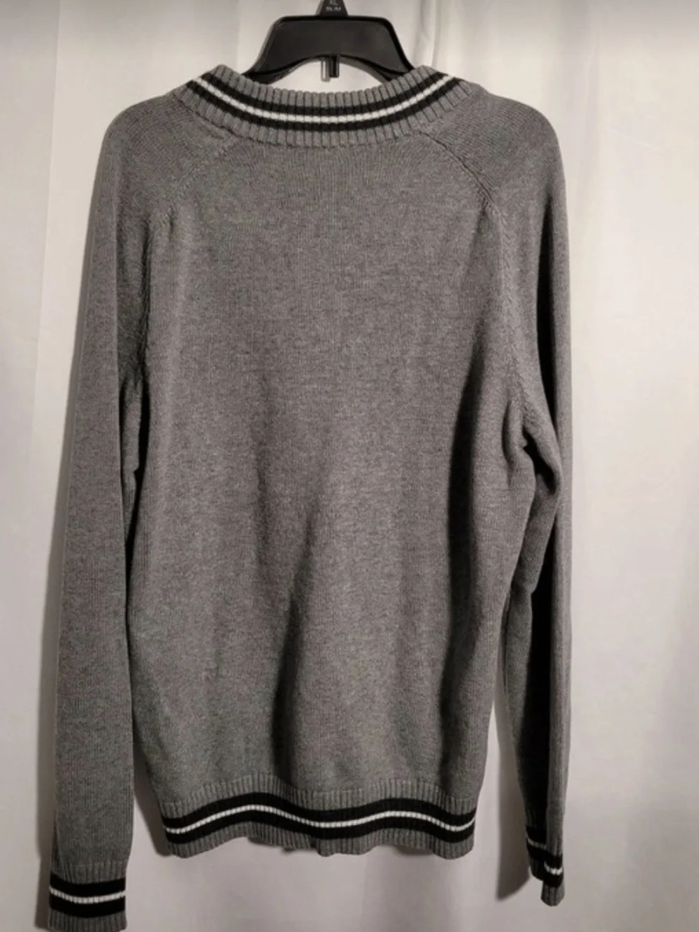 Express Men’s Gray V-Neck Sweater with Black & White Stripe Trim